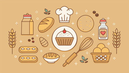 Design a clean, minimalist vector banner featuring baking icons whisk, rolling pin, oven mitt, spatula, mixing bowls.  Include space for text.
