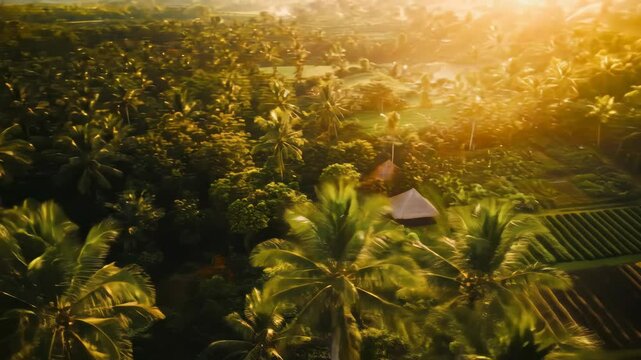 Aerial view of agricultural plots under golden light