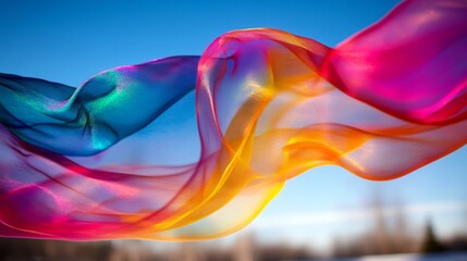 Fototapeta premium Several soap bubbles dance in mid-air, reflecting sunlight and showcasing a rainbow of colors against a bright blue sky, while leaving space for text on the right