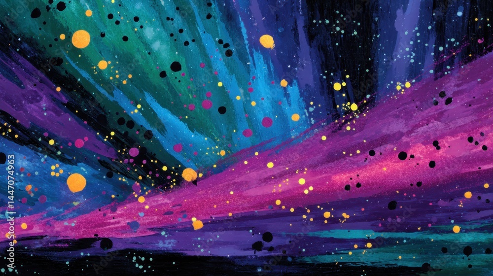 Wall mural abstract colorful cosmic background with vibrant splashes of paint and scattered dots in space-inspi