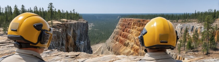 Environmental engineers inspecting mine site for ecological damage, assessing potential impact - transport sustainability cleanup