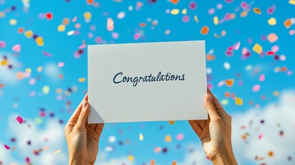 Congratulatory Celebration: Hands Holding Card Amidst Confetti Rain Against Sky Blue Backdrop