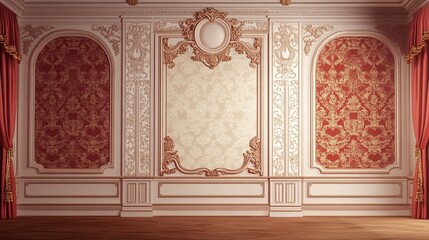 Elegant baroque interior wall paneling with red damask fabric and ornate moldings.