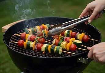 Colorful grilled vegetable skewers sizzling on the barbecue for summer enjoyment