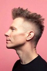 Fototapeta premium A trendy man showcasing a fashionable hairstyle. Conceptual art of style for aging men. Chic men's short crest haircut - midlife white man with hair. Pink solid background.