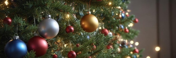 Fototapeta premium Close-up of a decorated Christmas tree, colorful baubles, twinkling lights, winter scene , texture, ornaments, glitter