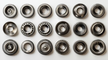 Detailed arrangement of metal gears and mechanical components on a light background for engineering and design applications