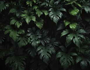 Dark, shadowy tropical foliage creates a dense, mysterious scene  Entwined vines and deep green leaves contrast against the black backdrop ,  black,  foliage