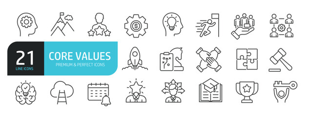 Set of line icons related to core values, innovation, strategy, collaboration. Outline icons collection. Editable stroke. Vector illustration
