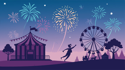 Design a vibrant poster advertising a fireworks display, featuring a whimsical ticket booth and celebratory elements.  Include bright colors and dynamic firework imagery.