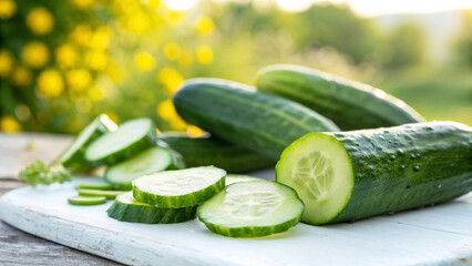 Cucumbers and cucumbers slice on table in Garden Bright Sunny day in Natural Background