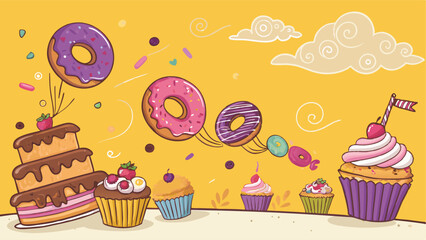 Design a vibrant vector banner advertising a bakery sale, featuring whimsical flying donuts. Include playful typography and bright colors.