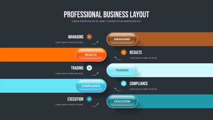 Modern Strategy Five Element Diagram Slideshow Layout. Visual Portfolio Presentation Design Vector Illustration. Enterprise Plan 5 Step Infographic Slide Template.
