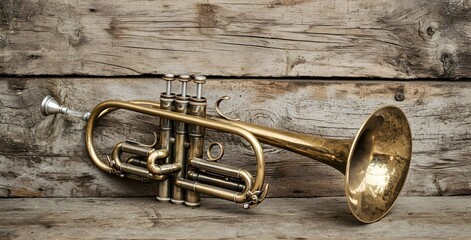 Naklejka premium Tarnished brass trumpet resting on rustic wooden planks, vintage look