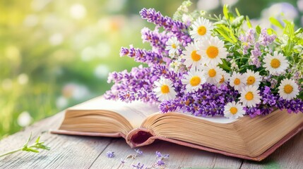 Rustic open book topped with a spring bouquet of lavender, daisies, and greenery