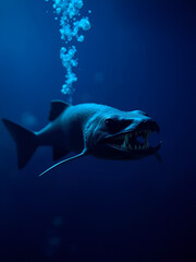 Naklejka premium Viperfish swimming in the depths of the sea, viperfish with sharp teeth and a scary black body, the faint blue light from the surface of the water highlights its myster. AI generated images.