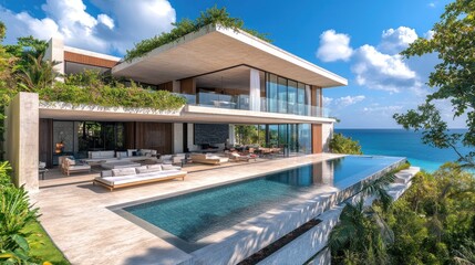 Fototapeta premium Luxury Oceanfront Villa: Modern Architecture and Stunning Views