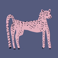 Pink groovy leopard or cheetah wild cat boho illustration in abstract cartoon childish scandinavian style african oriental style, cute animal hand drawn flat vector clipart adorable funny exotic