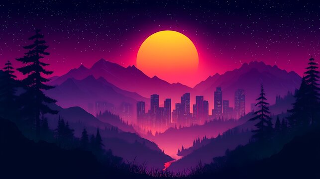 Synthwave horizon city under a sunset