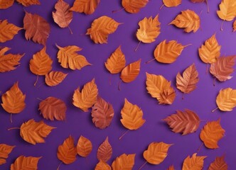 Abstract violet background with scattered metallic orange leaves  Textured fall pattern , fall leaves, color