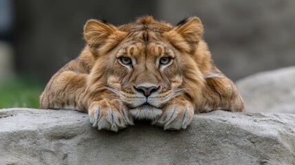 Fototapeta premium Relaxed Lion Cub Portrait on Stone Ledge Contemplative Expression Gentle Gaze Wild Feline Young Predator Peaceful Moment Nature Photography CloseUp