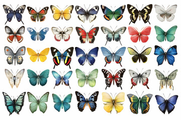 Fototapeta premium Butterfly display. Various colors and patterns on a white background. Collection of delicate insects