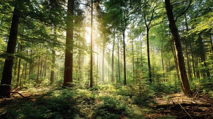 Fototapeta premium Sun-Drenched Forest in Summer With Tall Green Trees
