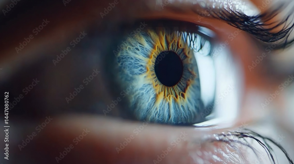Fototapete close-up view showcasing a stunning human iris with unique patterns in blue and green, highlighting 