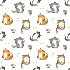 Fototapeta premium Seamless Pattern with Cute Cartoon Cat and Flower Design on White Background. Hand Drawn Vector Illustration.