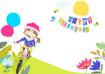 Obraz premium Cartoon Funny Girl rides Bike with Balloons. Happy Birthday. Vector Illustration