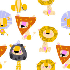 Vector Seamless Pattern with Cute Cartoon Lions