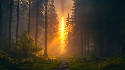 Golden sunlight piercing through a misty forest path.