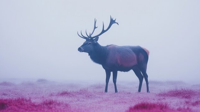 Ethereal stag silhouette amidst misty landscape captivating animal imagery and naturalistic composition for evocative nature photography and wildlife art