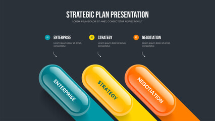 Company Visualization 3 Step Diagram Slideshow Design. Visual Launch Slide Template Vector Illustration. Sales Portfolio Three Element Infographic Frame Layout.