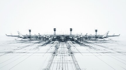 Abstract architectural design of an airport featuring terminals and runways with a focus on structure
