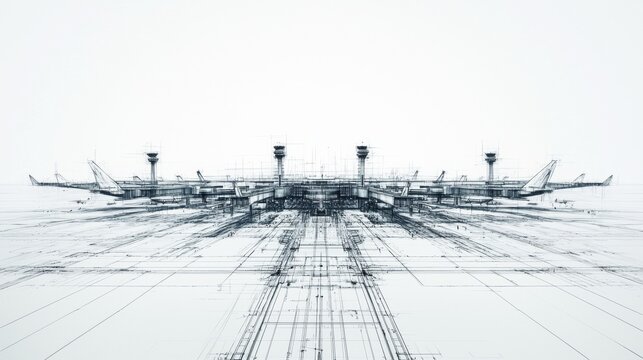 Abstract architectural design of an airport featuring terminals and runways with a focus on structure