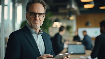 Fototapeta premium Confident executive holds tablet in modern office