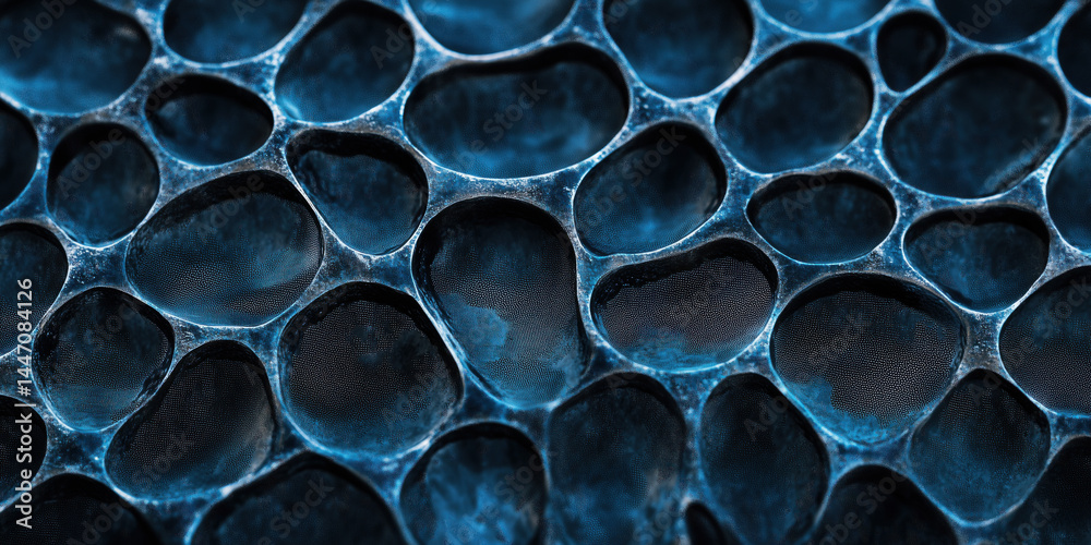 Poster abstract close-up of blue cellular structure with intricate patterns and textures.