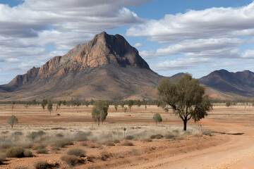 Naklejka premium Australian outback scene with a dominant mountain and vast open plains under a cloudy sky
