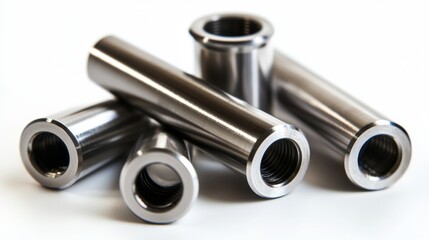 Fototapeta premium Close-up view of shiny metal tubes arranged on a white background, showcasing their smooth surfaces and threaded interiors for industrial use