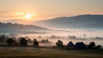 Fototapeta premium Early morning serenity in a misty mountain village landscape at sunrise