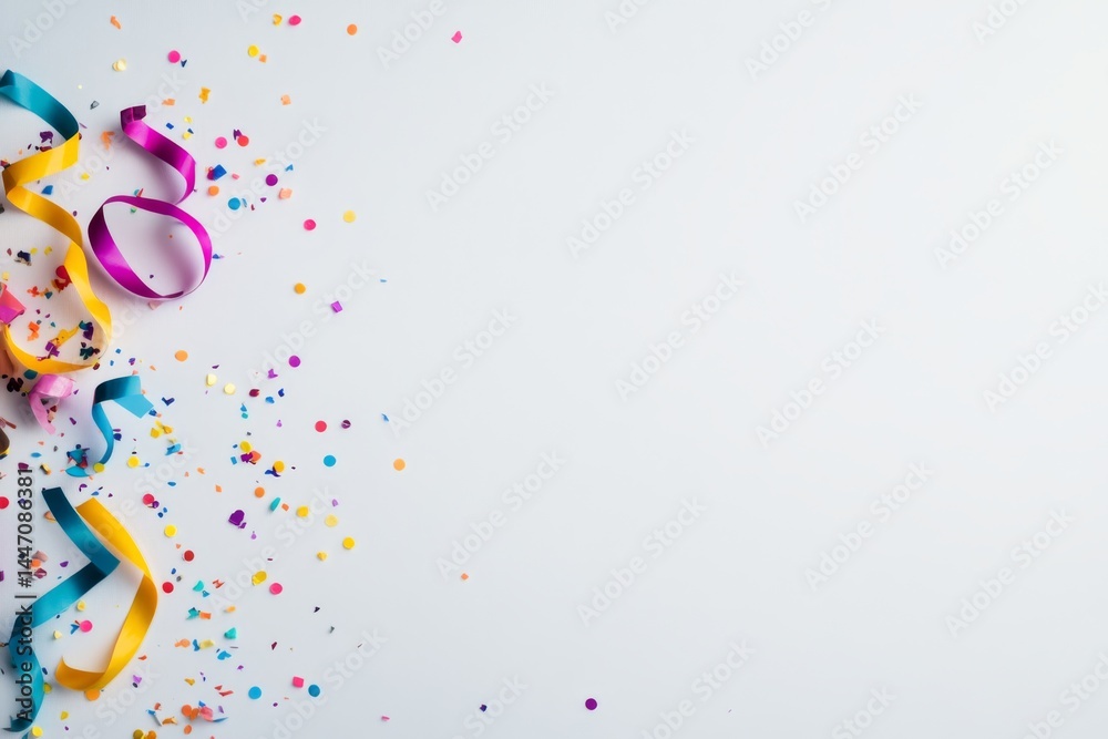 Poster A vibrant arrangement features a single colorful streamer curling around bright confetti on a crisp white background, leaving space for customized copy text