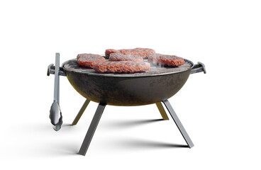 charcoal barbecue grill with beef patties cooking over an open flame. Smoke rises from the hot grill, isolated on white 3D illustration