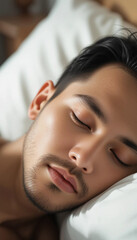 Young Asian man peacefully sleeping on a pillow, showing relaxed facial expression in a cozy bedroom setting with soft lighting