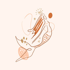 Minimalistic terra-cotta palette mermaid silhouette undine modern abstract linear painting, seamaiden icon and logo elements, graphic outline style for surf or spa and yoga studio. Vector line water