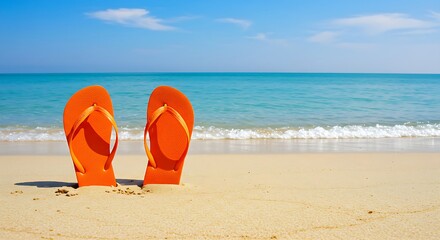 Orange Flip-Flops on Sandy Beach with Ocean View.Bring the feeling of summer to your projects. Download this vibrant beach scene!