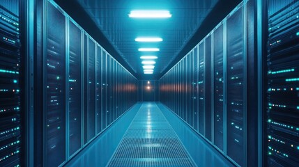 Fototapeta premium Deep Dive into the Digital Core: Exploring a Modern Data Center's Intricate Network