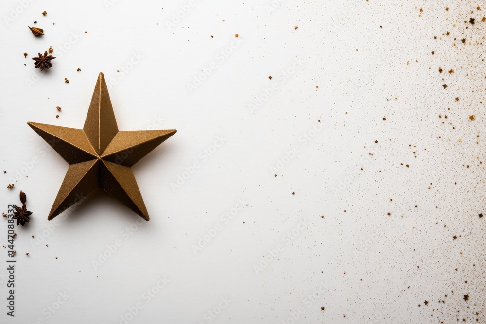 Poster A large gold star with intricate texture is perfectly centered against a clean white background, enhanced by faint golden sparkles and ample copy space