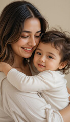Embracing warmth between a young mother and her smiling toddler as they share a joyful moment of love and connection