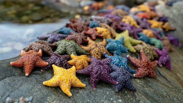 A vibrant collection of colorful starfish rests on a rocky shoreline, showcasing nature's beauty and diversity under the gentle sun and clear water backdrop.